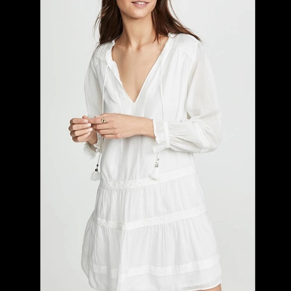 PAIGE Jaslene Long Sleeve Tassels Tiered Mini Dress In White Size Small